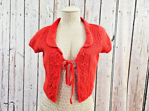 ALK Women's XS Orange Short Sleeve Tie Front Crochet knit Shrug Cropped Cardigan