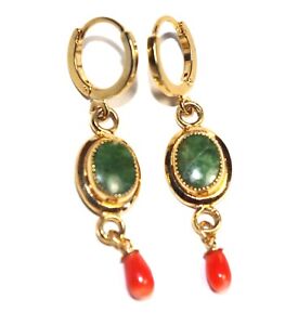 Jadeite Green Jade w Red Aka Japanese Coral 14K Gold Filled Drop Hoop Earrings