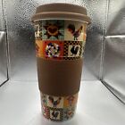 CENTURY Quilt ROOSTER Chicken 14oz TRAVEL MUG Cup BROWN Silicone Lid & Grip 7