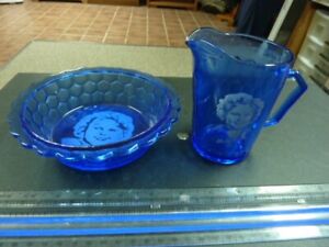 Vintage Cobalt Blue Shirley Temple Cereal Bowl and Milk Pitcher
