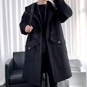 Men Midi Trench Coat Overcoat Jacket Casual Full Zip Hooded Tunic Outwear Work