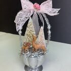 Vtg Bottle Brush Tree Christmas Arrangement Deer Pink Decoration Roses Lace 6”