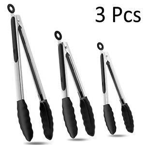 3Pcs Kitchen Food Tongs Stainless Steel + Silicone Non-Stick BBQ Cooking Tongs
