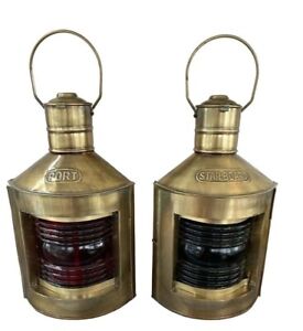 Set of 2 Antique Finish Port & Starboard Lanterns Nautical Oil Lamps Ship Light