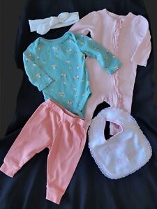 Lot Of 2 Cute Newborn Girls Outfits 5 Pieces Pink Sleeper God Made Girls Bib