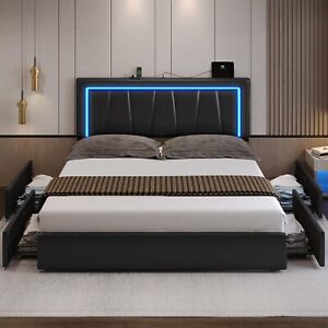 California King Size Bed Frame with Storage Drawers LED Upholstered Platform Bed