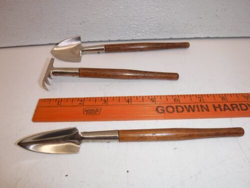 3 Vtg Little Wooden Miniature Garden Tools Rake Shovels