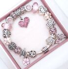 PANDORA SILVER CHARM BRACELET WITH PINK CRYSTAL HEART LOVE FAMILY CHARMS & BOX!