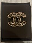 CHANEL Authentic Crystal & Black Leather CC Logo Brooch Pin Silver Tone with Box