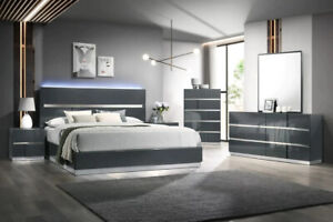 NEW Modern Italian 5PC LED Gloss Black & Silver Queen King Bedroom Set Furniture