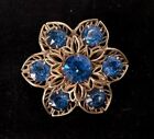 Gold Tone Blue Rhinestone Filigree Flower Brooch Vintage Jewelry Lot B