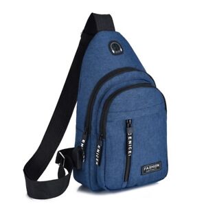 Blue USB Port Backpack Men Shoulder Bag Sling Crossbody Chest Oxford Satchel