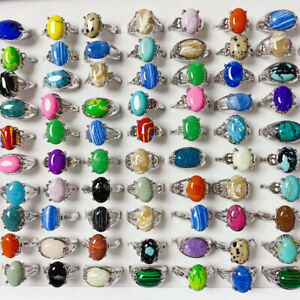 35pcs Wholesale Lots Mixed Color Natural Stone Jewelry Silver Plated Women Rings