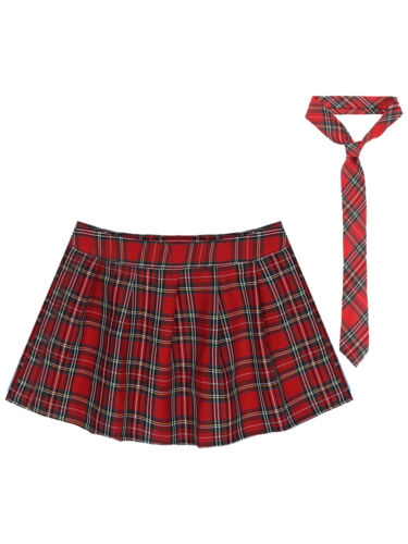 US Women Plaid Pleated Skirt Schoolgirl Minidress Cosplay Costume with Necktie