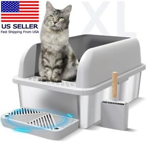 Enclosed Stainless Steel Cat Litter Box with Lid Extra Large Litter Box