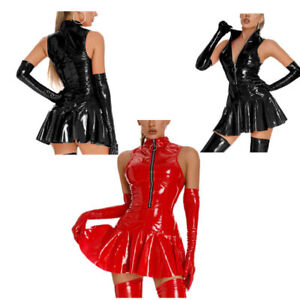Sexy Women's Mini Dress Leather Mesh Sheer Bodycon Lingerie Nightwear Clubwear