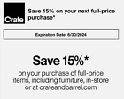 CRATE & BARREL 15% OFF Full Price Items IN STORE OR ONLINE Valid Thru 06/30/24
