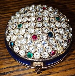New ListingVintage Blue Enamel Rhinestone Trinket Pill Ring Jewelry Box W/ Clasp Excellent
