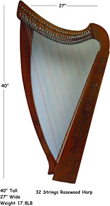 32 Strings Rosewood Lever Harp, Handmade with Free Strings, Tuning Key and Carry