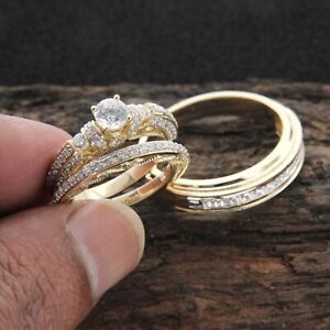 Round Cut Lab-Created Diamond His & Her Trio Ring Set 14K Yellow Gold Plated 2CT