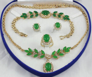 Green Jade 18K Gold Plated Necklace Link Bracelet Earrings Ring Jewelry Set AAA
