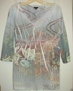 Womens Yukiko Small T shirt top blues brown sparkles V floral subl burnout  LN