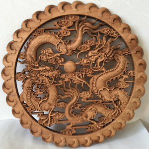 26.5cm Chinese Camphor Wood Hand Carved Dragon Statue Wall Sculpture Plate Decor