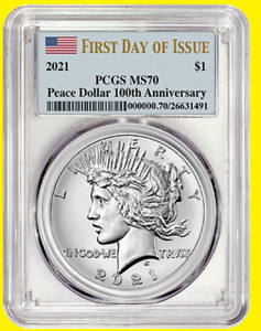 2021 Peace Silver Dollar PCGS MS 70 FIRST DAY issue RARE US Flag