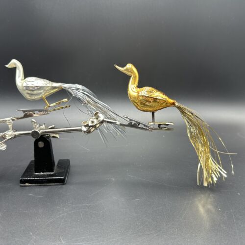 New Listing2 Glass Bird Clip On Christmas Ornaments Gold Silver Tinsel Tails West Germany