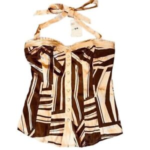 NEW bebe Silk Stretch Geometric Brown Corset Style Tie Halter Top — SZ S/XS NWT