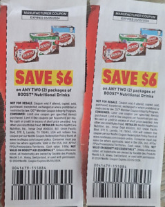 Lot of 2 (two) Coupons: Save $6 on Any Two Packages of BOOST Drink.  Exp 5/5/24