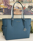 MICHAEL KORS GILLY LARGE DRAWSTRING ZIP TOTE BAG LAPTOP TEAL BLUE LEATHER SILVER