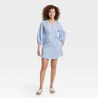 Women's Balloon 3/4 Sleeve Mini Shirtdress - A New Day Blue/White Pinstripe XS