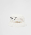 Prada 2021 White Embroidered logo lettering Raffia Woven Bucket Hat sz L