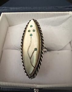 Vintage Zuni Old Pawn Sterling Silver, MOP, Turquoise Micro-Inlay Ring Size 5.25