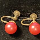 Signed: Japan 9.5mm Red Coral Screw Back Earrings 40+ yr old  UV glow OLD Vtg