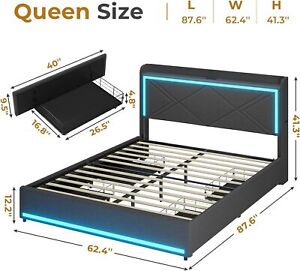 Full/Queen/King Size Bed Frame Platform with Storage Drawers LED Light Headboard