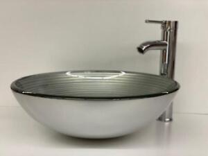 Bathroom Sink Glass Round Vessel Countertop in Simply Silver with Pop-Up Drain