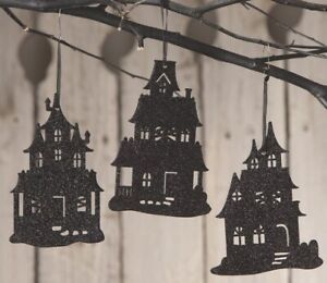 Set Of 3 Different Bethany Lowe Halloween Haunted House Silhouettes Ornaments