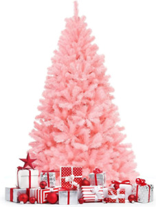 6 Ft Pink Artificial Christmas Tree, Hinged Spruce Full Tree W/Foldable Metal St
