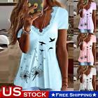 Women's Summer Tops Lace V Neck T Shirt Print Casual Short Sleeve Tunic Blouse