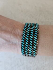 OLD PAWN STERLING SILVER MULTI-ROW TURQUOISE PETIT POINT CUFF BRACELET