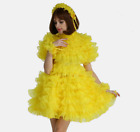 Girl Sissy Sexy Maid Yellow Satin Organza Puffy Dress cosplay costume Tailored