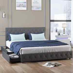 King Size Bed Frame with 4 Storage Drawers,PU Leather Upholstered Platform Bed