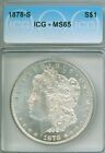 GREAT frosty GEM 1878-S Morgan dollar - WHITE coin in ICG MS65 plastic!