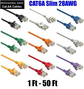 1 Ft - 50 Ft CAT6a Slim RJ45 Network LAN Ethernet Copper Wire Color Patch Cable