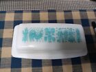 VINTAGE PYREX BUTTER DISH w/LID AMISH BUTTERPRINT TURQUOISE ON WHITE #14