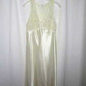 Vintage White Satin Nightgown M Midi Lace Sleeveless Sheer Back Bridal Honeymoon
