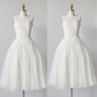 Short Wedding Dresses Tea Length Sleeveless Ivory Lace 1960s 70s Bridal Gowns