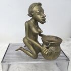 Vtg Benin Cast Bronze Sculpture Kneeling Woman W/ Basket African Tribal Art 4lb